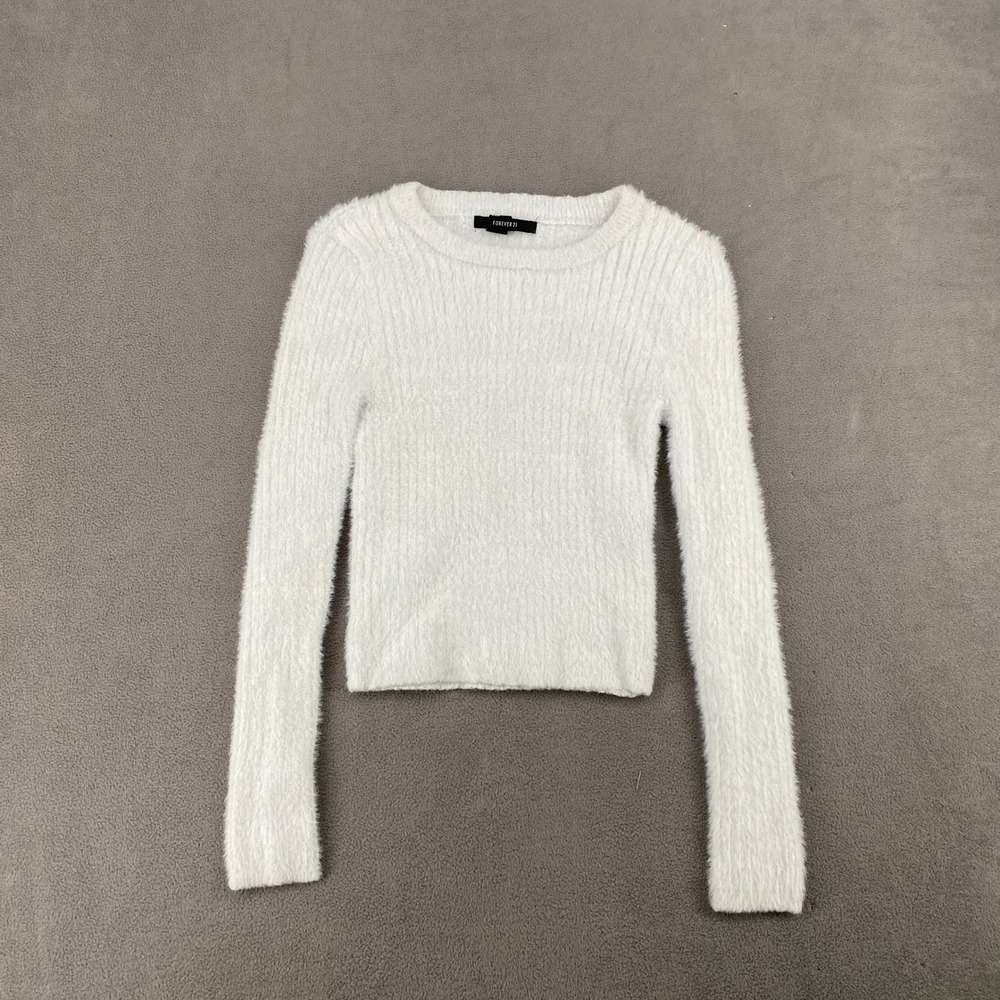 Forever 21 Womens White Fuzzy Eyelash Knit Glitter Sweater Y2K Small